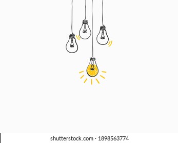 simple black childish hand drawing lines yellow lightbulbs on white for background, texture, wallpaper, banner, label etc. with copy space. vector design.