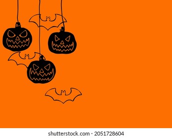 simple black childish hand drawing lines bats on orange with copy space for background, texture, wallpaper, banner, label etc. with copy space. vector design.