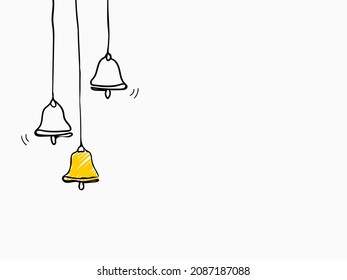 simple black childish hand drawing lines hanging bells ring on white for background, texture, wallpaper, banner, icon, card, cover, template, label etc. with copy space. vector design.