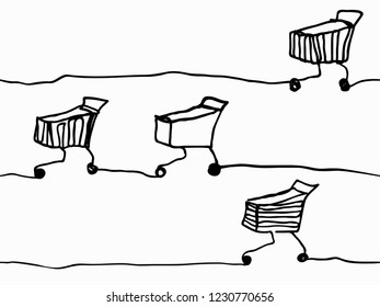 simple black childish hand drawn line art shopping cart seamless pattern for background, wallpaper, label, banner, cover etc. vector design.