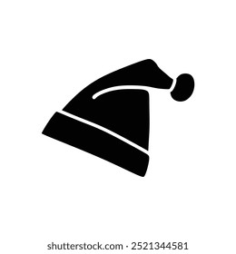 A simple black Christmas hat icon designed in vector format. The hat features a classic Santa Claus shape with a curved top and a fluffy pom-pom at the tip