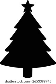 Simple Black Christmas Tree Silhouette with Star - Minimalist Holiday Evergreen Icon for Seasonal Decorations and Winter Designs