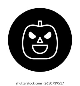 Simple black circle background with the white outline of a carved halloween pumpkin smiling