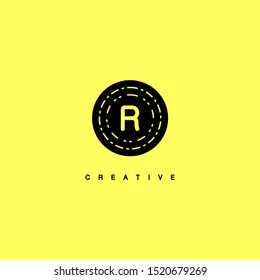 simple black circle vintage retro R logo letter isolated on yellow background design concept
