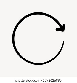 Simple black circular arrow icon on a white background. Circular arrow represents refresh, reload, or repeat. Minimalist design with a circular arrow shape. Vector illustration.