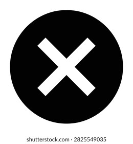 Simple black circular icon featuring a white cross mark. Universal symbol for closing windows, canceling actions, or deleting items in digital interfaces.