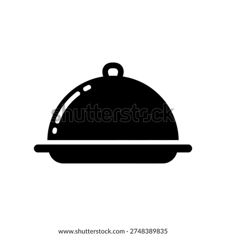 A simple black cloche dish icon on a white background, symbolizing fine dining and luxury.