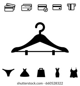 Simple Black Clothes Hanger Icon for Fashion or Sale Design. Shopping Collection with Clothing, Bag and Credit Cards