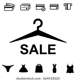 Simple Black Clothes Hanger Icon for Fashion or Sale Design. Shopping Collection with Clothing, Bag and Credit Cards