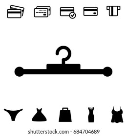 Simple Black Clothes Hanger Icon for Fashion or Sale Design. Shopping Collection with Clothing, Bag and Credit Cards