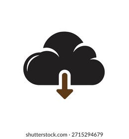 Un simple ícono de nube negra con una flecha de Descarga marrón que apunta hacia abajo, ubicado sobre un fondo blanco limpio y puro, ideal para su uso en aplicaciones digitales.