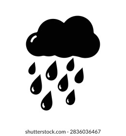 Simple black cloud icon with raindrops falling, representing rain or storm weather conditions in a minimalistic style.