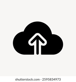 Simple black cloud icon with an upward arrow, symbolizing upload. Cloud upload icon represents data transfer. Minimalist upload symbol in black on white. User interface icon vector.