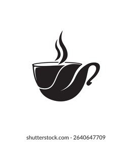 A simple black coffee cup icon with a green leaf on a white background, symbolizing eco-friendly coffee concepts, sustainability, and organic branding.