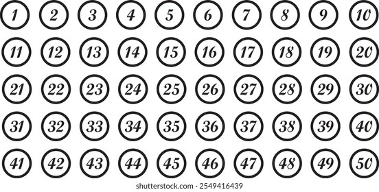 simple black color bullet points stroke round number set from one to fifty simple flat style the numbers on the black circles are lined up numbers that are in a circle buttons with the number 50