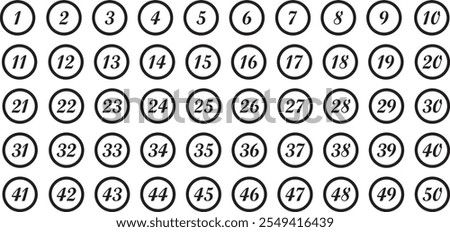 simple black color bullet points stroke round number set from one to fifty simple flat style the numbers on the black circles are lined up numbers that are in a circle buttons with the number 50