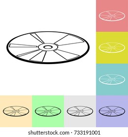 Simple black compact disc icon in color squares. DVD disc contour set 
