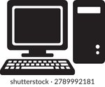 A simple black computer icon set against a white background featuring a monitor keyboard and tower in a minimalist style