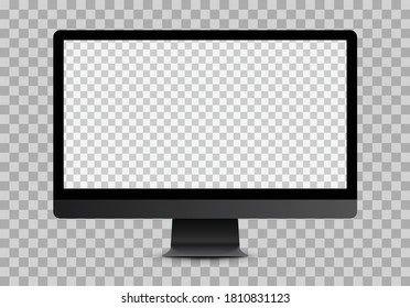 Simple black computer mockup with blank checkered transparent screen.  Vector illustration.