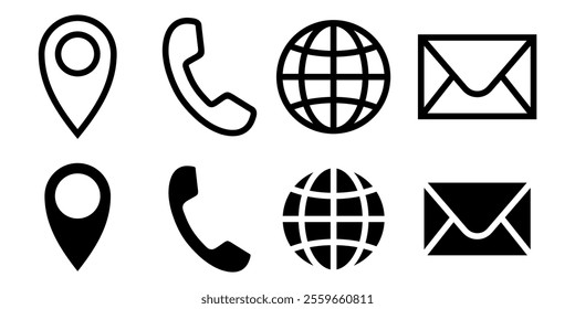 Simple Black Contact Icon Set with Phone, Location, Globe, and Mail Symbols, Editable Scalable Vector Illustration Isolated on White Background for Business and Websites