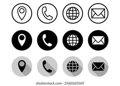 Simple Black Contact Icon Set with Phone, Location, Globe, and Mail Symbols, Editable Scalable Vector Illustration Isolated on White Background for Business and Websites