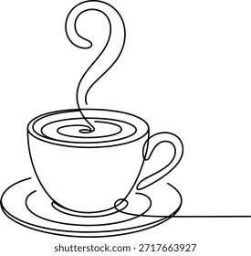 Dibujo de línea continuo negro simple de una taza de café caliente en su platillo, con vapor que se eleva elegantemente por encima de la bebida caliente.