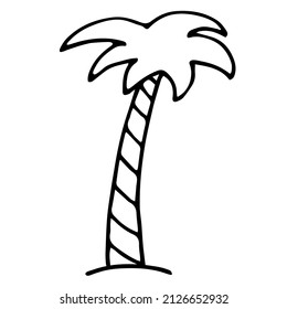 El sencillo contorno negro de la palmera aislado en un fondo blanco. Tema de verano. Clíparte del doodle dibujado a mano. Ilustración vectorial. Para afiches, pancartas, proyectos para bebés, libro de colorear, imprimir.