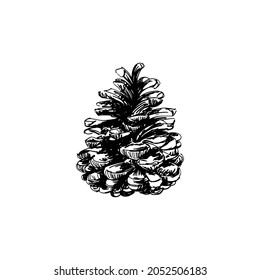 Einfache, schwarz vergossene Kiefernkonvektorgrafik auf weißem Hintergrund. Herbstvorlage für Waldelemente für Designprojekte. Herbsternte. Herbstsaison. Weihnachtskiefernkegel.