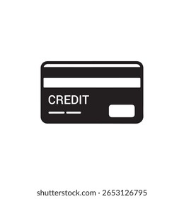 Simple black credit card icon featuring white details, displayed on a clean white background, ideal for illustrating financial transactions, and banking-related concepts.