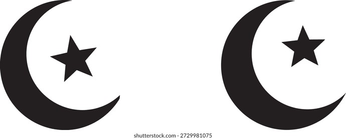 Sencillos símbolos de luna creciente negra y estrella sobre un fondo blanco que representan la identidad cultural islámica y la fe a través del diseño minimalista.