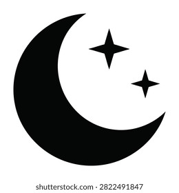 Simple black crescent moon with two stars in the night sky, a symbol of magic and wonder