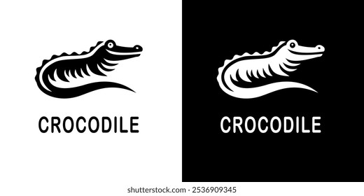 Um logotipo simples de crocodilo preto com um design estilizado, apresentando linhas e curvas afiadas, criando uma representação ousada e única deste réptil em arte minimalista