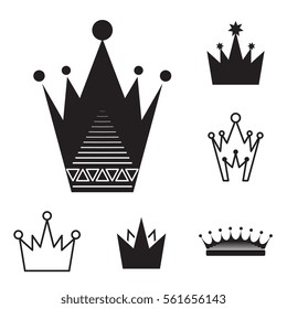 Simple Black Crown Icon Set Isolated On White Background