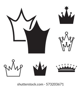 Simple Black Crown Icon Set Isolated On White Background