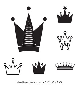Simple Black Crown Icon Set Isolated On White Background