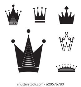 Simple Black Crown Icon Set Isolated On White Background