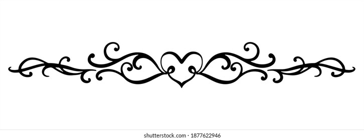 Simple black curly vector element with thin floral lines. Heart and swirl for decoration of festive products, web, menus, labels. Ornament for Valentine's day, birthday, mother's day, the 8 March