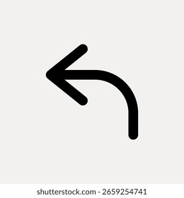 Simple black curved arrow icon on a light background. Minimalist design with a clear, bold arrow. Perfect for navigation or directional purposes. Design element vector.