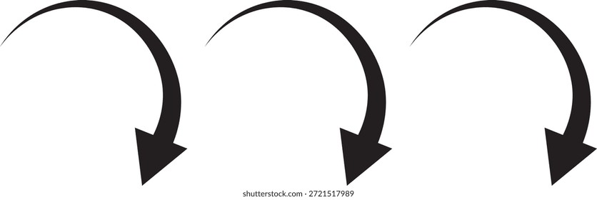 
Icono de flecha curvada negra simple que apunta a la derecha. Larga flecha curva dibujada a mano aislada. icono de flecha sobre fondo png transparente
