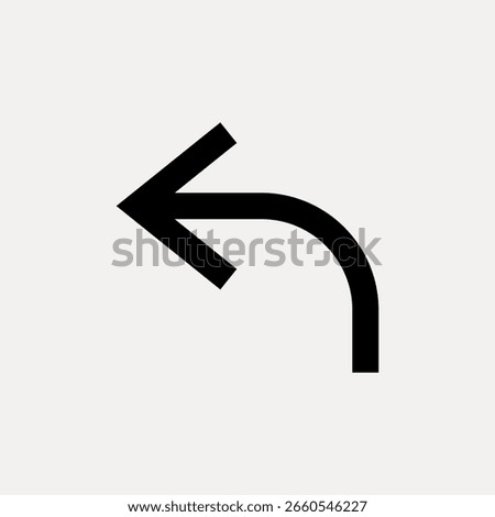 Simple black curved arrow icon on a light background. Curved arrow pointing left. Minimalist arrow design. Ideal for navigation, direction, or UI elements. Design element vector.