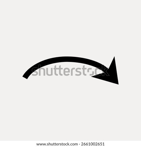 A simple black curved arrow on a white background. The arrow points to the right, emphasizing direction and movement. Minimalist arrow design for navigation. Design element vector.