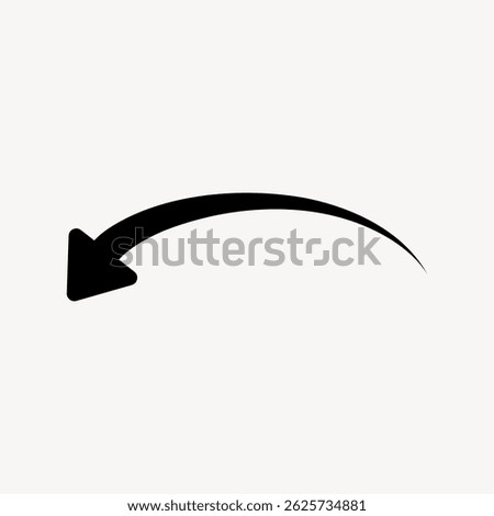 Simple black curved arrow pointing left. Minimalist arrow design. Black arrow on white background. Curved  illustration. Arrow vector graphic.