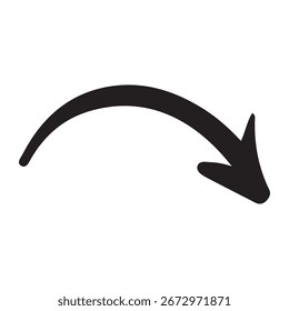 Ícone simples de seta curva para baixo preta mostrando o movimento direcional e o progresso