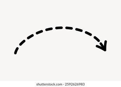 A simple black dashed arrow curves downward on a light background. The dashed arrow indicates direction. Curved arrow design is clear and minimalistic. Isolated vector illustration.