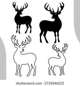 Silueta de ciervo negro simple y juego de líneas Ilustración Antlers. Ilustración vectorial.