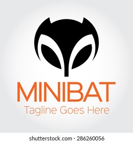 A simple black design of bat's head with minimal details, vector logo.