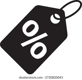 Icono de etiqueta de descuento negro simple con un símbolo de porcentaje sobre un fondo transparente, que indica una venta u oferta promocional de manera efectiva para varios materiales de marketing.