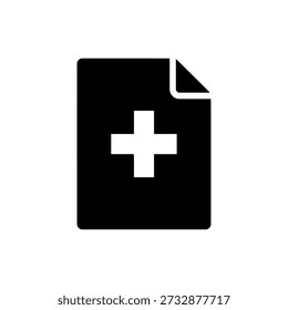 Icono de documento negro simple con signo más blanco y esquina doblada, que representa la creación de un nuevo archivo o documento