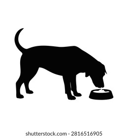 A simple black dog silhouette bending down to drink water from its feeding bowl graphic illustration