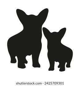 Simple black dog silhouette isolated white background. Corgi family. Design t-shirt print in minimal style. Vector illustration EPS 10